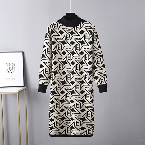 

Mulheres Vestido Suéte Vestido de turno Cáqui Bege Preto Manga Longa Geométrica Patchwork Imprimir Inverno Outono Gola Alta Casual Vestido de outono Ajuste Largo 2022 Tamanho Único / Roupa de inverno