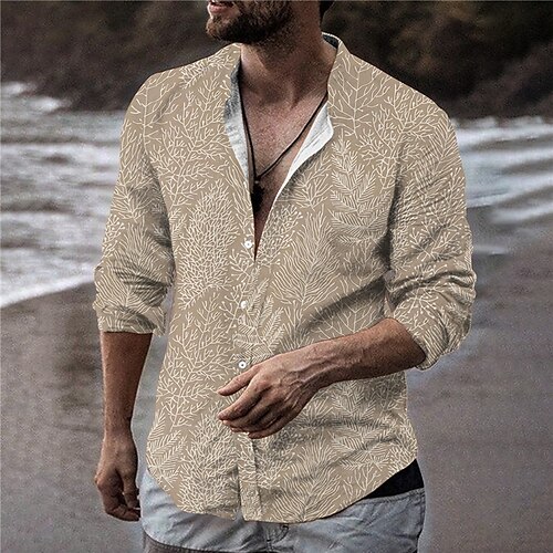 

Men's Shirt Graphic Shirt Leaves Stand Collar Yellow 3D Print Outdoor Street Long Sleeve Button-Down Print Clothing Apparel Fashion Designer Casual Breathable