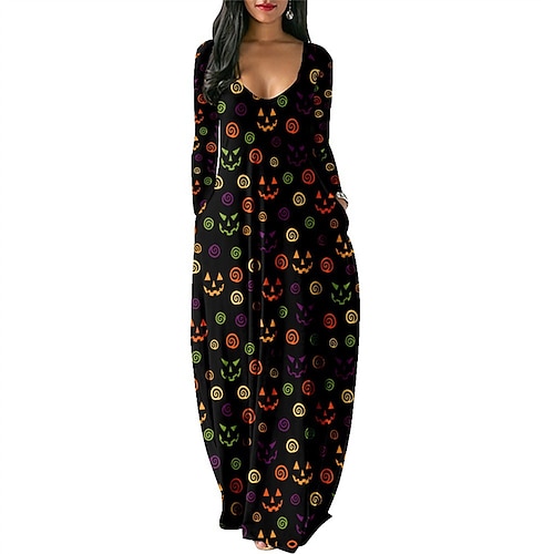 

Women's Shift Dress Maxi long Dress Black Long Sleeve Pumpkin Print Fall Winter Crew Neck Party Modern 2022 2XS XS S M L XL 2XL 3XL 4XL / Cotton