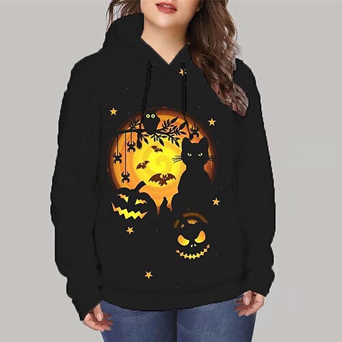 

Women's Plus Size Tops Hoodie Sweatshirt Animal Cat Print Long Sleeve Hooded Vintage Casual Halloween Halloween Daily Polyester Fall Winter Black
