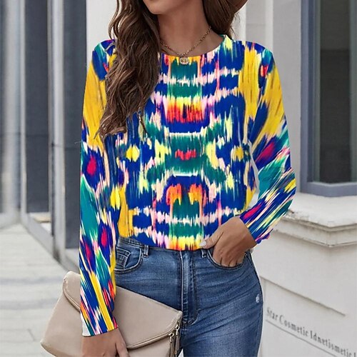 

Women's T shirt Tee Blue Graphic Geometric Print Long Sleeve Casual Daily Vintage Round Neck Regular Geometric Painting S / 3D Print