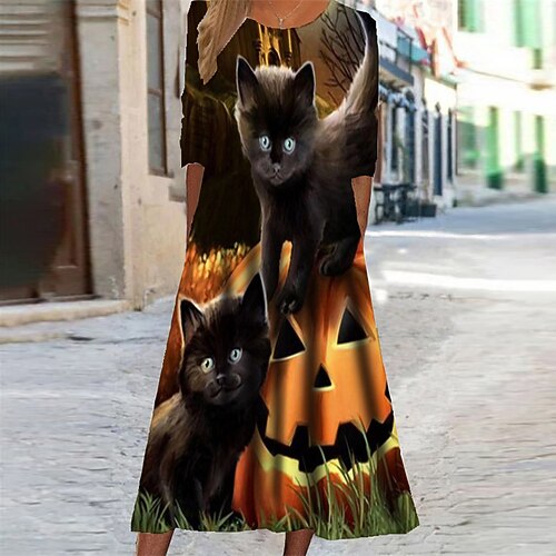 

Women's Casual Dress Swing Dress Midi Dress Black Yellow Orange Long Sleeve Animal Cat Pumpkin Pocket Print Fall Winter Round Neck Vacation Casual 2022 S M L XL XXL 3XL