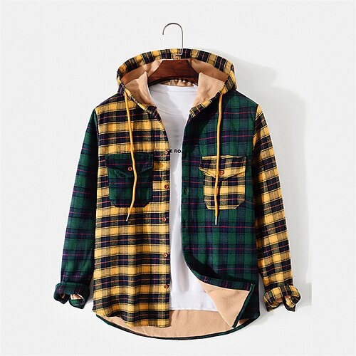 

Men's Shirt Overshirt Flannel Shirt Hoodie Jacket Street Daily Holiday Fall Winter Regular Coat Regular Fit Warm Streetwear Casual Jacket Long Sleeve Print Stripes and Plaid Pocket Yellow Red