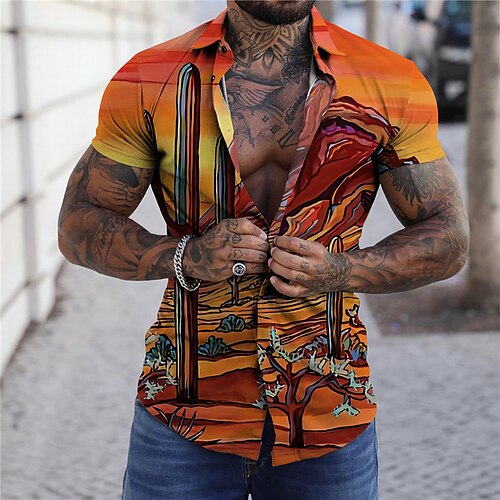 

Men's Shirt Cactus Scenery Turndown Yellow Short Sleeves 3D Print Outdoor Street Button-Down Print Tops Fashion Designer Casual Breathable / Summer / Spring / Summer