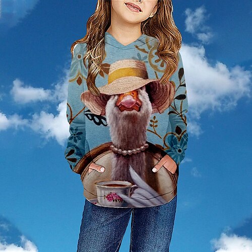 

Kids Girls' Hoodie Animal Outdoor 3D Print Long Sleeve Pocket Fashion 3-13 Years Winter Blue