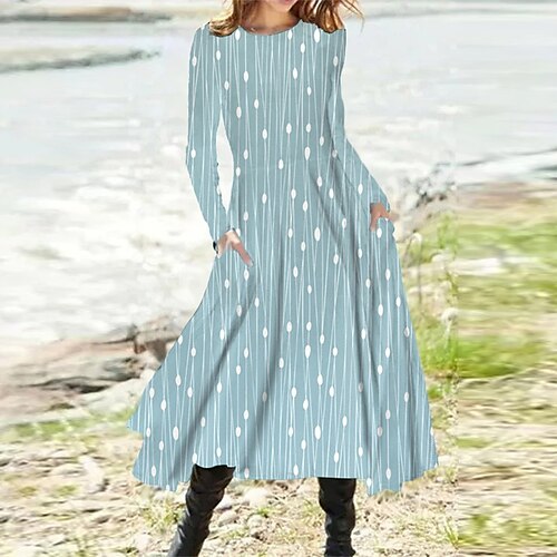 

Women's Casual Dress Swing Dress Midi Dress Blue Long Sleeve Geometric Pocket Print Fall Winter Round Neck Vacation Casual 2022 S M L XL XXL 3XL