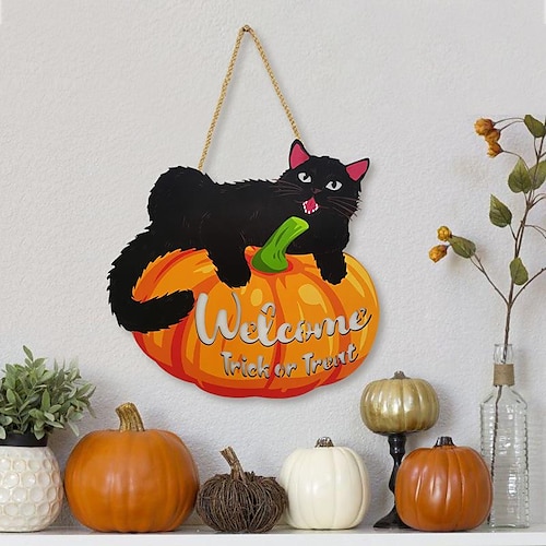 

Halloween Wall Hanging Pumpkin Cat Welcome Wooden Door Sign Hanging Decoration Wooden Wall Decoration for Home Party Outdoor