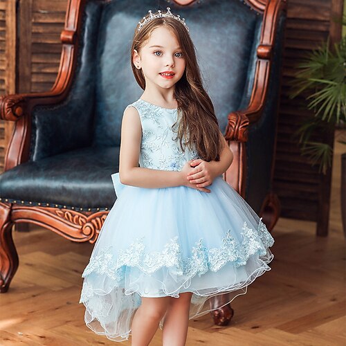 

Kids Girls' Dress Jacquard Tulle Dress Above Knee Dress Party Ruffle Short Sleeve Princess Dress 3-12 Years Spring Blue Purple Yellow