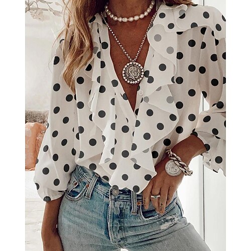 

Women's Blouse Shirt White Polka Dot Ruffle Print Long Sleeve Casual Weekend Streetwear V Neck Regular S / 3D Print