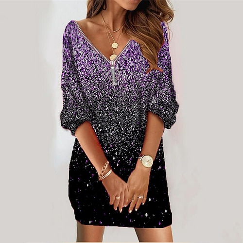 

Women's Sweatshirt Dress Shift Dress Short Mini Dress Green Blue Purple Pink Gold Long Sleeve Color Gradient Zipper Print Fall Winter V Neck Vacation Casual 2022 S M L XL XXL 3XL / 3D Print