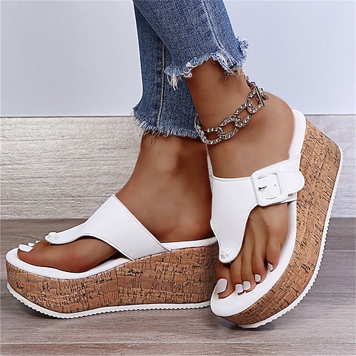 

Women's Flip-Flops Daily Plus Size Beach Slippers Platform Slippers Summer Buckle Platform Open Toe Casual PU Leather Loafer Solid Colored Black Pink White