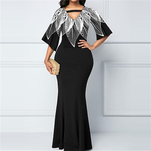 

Women's Party Dress Bodycon Maxi long Dress Black Half Sleeve Floral Print Fall Winter V Neck Party Stylish Elegant 2022 S M L XL XXL 3XL