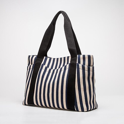 

Women's Work Bag Canvas Tote Bag Daily Date Office & Career black strips blue stripes