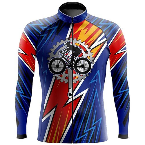 

21Grams Men's Cycling Jersey Long Sleeve Bike Top with 3 Rear Pockets Mountain Bike MTB Road Bike Cycling Breathable Quick Dry Moisture Wicking Reflective Strips Blue Geometic Gear Polyester Spandex