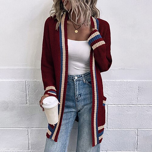 

Women's Pullover Sweater jumper Jumper Ribbed Knit Tunic Knitted Front Pocket Striped Open Front Stylish Casual Outdoor Daily Winter Fall Blue Wine S M L / Long Sleeve / Holiday / Regular Fit