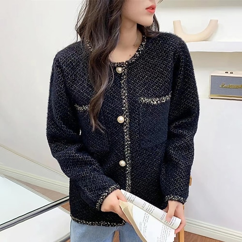 

Women's Casual Jacket Windproof Warm Outdoor Street Daily Vacation Button Pocket Single Breasted Crewneck Fashion Modern Street Style Solid Color Regular Fit Outerwear Long Sleeve Winter Fall Black
