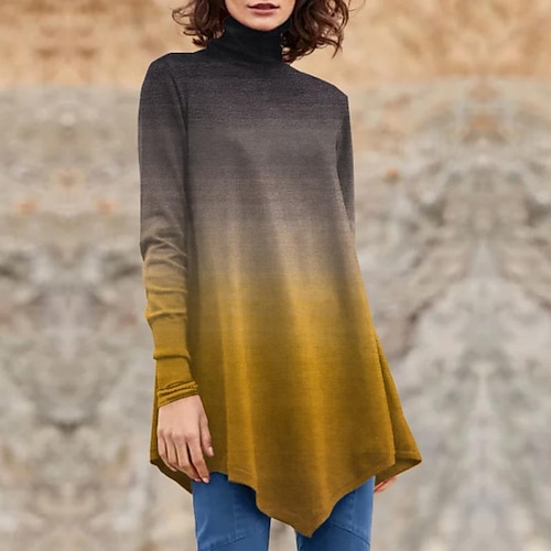 

Women's T shirt Tee Yellow Color Gradient Print Long Sleeve Daily Weekend Basic High Neck Long Painting S / 3D Print