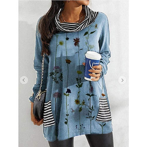 

Women's Blouse Shirt Blue Purple Dusty Blue Floral Tie Dye Print Long Sleeve Daily Weekend Streetwear Casual Round Neck Long Floral S / 3D Print