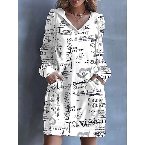 

Women's Pullover Hoodie Dress Active Streetwear Long Pocket Print White Text Daily Hooded Long Sleeve S M L XL XXL 3XL