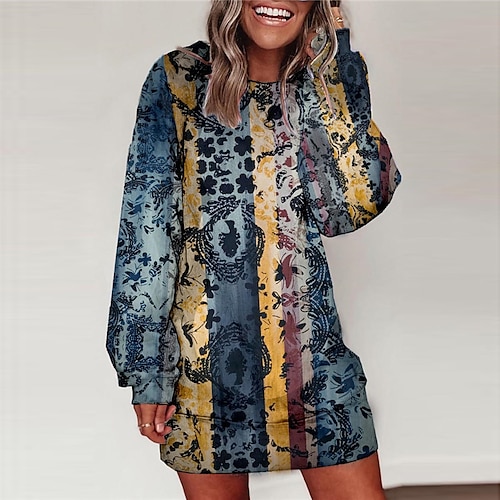 

Women's Sweatshirt Dress Winter Dress Blue Long Sleeve Floral Striped Print Winter Fall Casual Fall Dress Loose Fit 2022 S M L XL XXL 3XL / Cotton