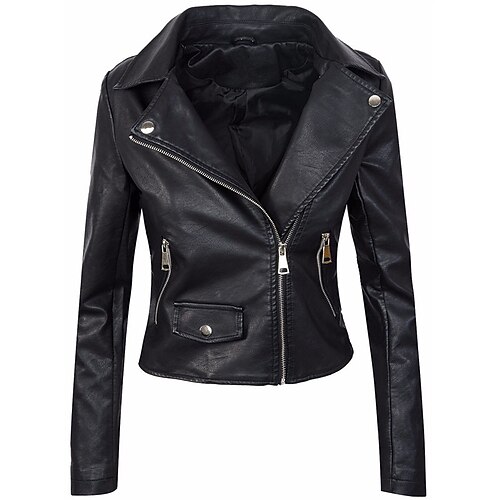 

Women's Faux Leather Jacket Waterproof Windproof Outdoor Street Daily Vacation Zipper Pocket Zipper Lapel Chic & Modern Street Style Solid Color Regular Fit Outerwear Long Sleeve Winter Fall Black Red