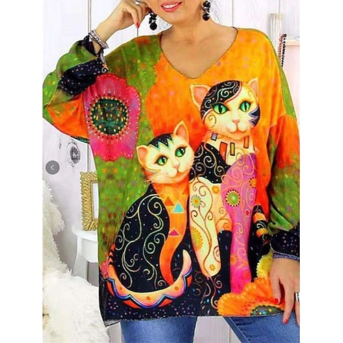 

Women's Plus Size Tops T shirt Tee Graphic Cat Print 3/4 Length Sleeve V Neck Casual Festival Daily Vacation Polyester Fall Winter White Black