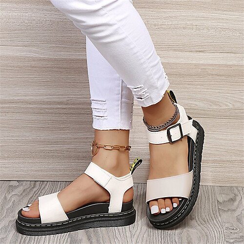 

Women's Sandals Daily Platform Sandals Summer Buckle Platform Open Toe Casual PU Leather Ankle Strap Solid Colored Black Red White