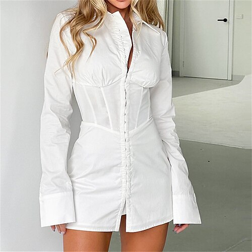 

Women's Shirt Dress Sheath Dress White Dress White Long Sleeve Pure Color Ruched Winter Fall Autumn Shirt Collar Classic Winter Dress Fall Dress 2022 S M L