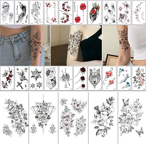 

25 Sheets Long Lasting Flower Temporary Tattoos For Women Arm Neck Jellyfish Sunflower Moon Rose Fake Tattoos For Adults Girl 3D Temp Realistic Snake Tatoo Stickers Serpent Peony Floral Kids