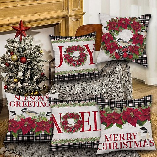 

Christmas Party Double Side Cushion Cover 5PC Santa Claus Ring bell Soft Decorative Square Cushion Case Pillowcase for Bedroom Livingroom Sofa Couch Chair Superior Quality Machine Washable