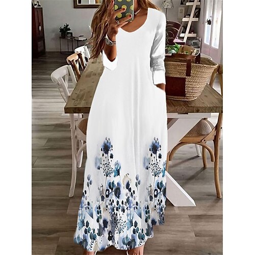 

Women's Casual Dress A Line Dress Maxi long Dress White Long Sleeve Floral Pocket Print Fall Winter V Neck Vacation Casual 2022 S M L XL XXL 3XL