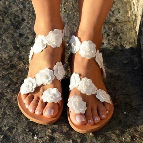 

Women's Sandals Daily Beach Flat Sandals Barefoot Sandals Summer Lace Flat Heel Open Toe Elegant Sweet Lace PU Leather Buckle Floral White