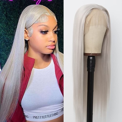 

Grey Straight Wigs Long Grey Straight Lace Front Wig for Black Women Glueless Wigs Pre Plucked with Baby Hair 150% Density Synthetic Wig Heat Resistant Fiber Hair for Daily Party