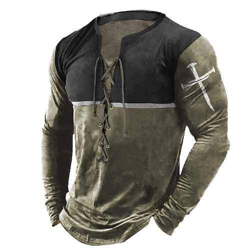 

Men's T shirt Tee Graphic Color Block Templar Cross Cross V Neck Army Green 3D Print Outdoor Street Long Sleeve Lace up Clothing Apparel Basic Fashion Streetwear Designer