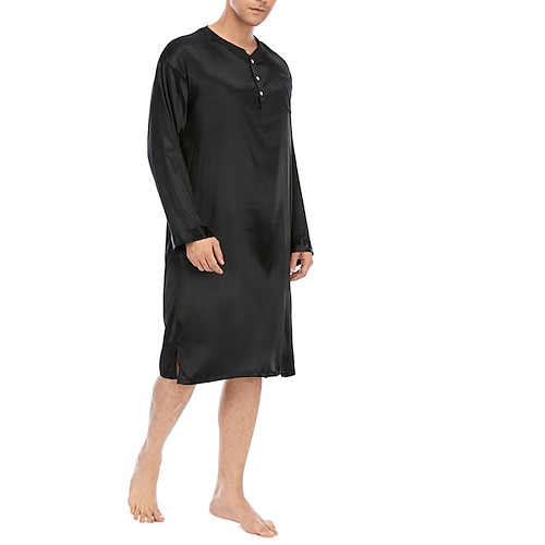

Men's Pajamas Loungewear Sleepwear Nightshirt 1 PCS Pure Color Fashion Comfort Soft Home Bed Faux Silk Breathable Crew Neck Long Sleeve Basic Fall Spring Black Blue