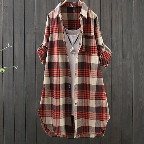 

Women's Plus Size Tops Blouse Shirt Plaid Button Print Long Sleeve Shirt Collar Active Streetwear Casual Daily Going out Cotton Blend Fall Spring Red Navy Blue