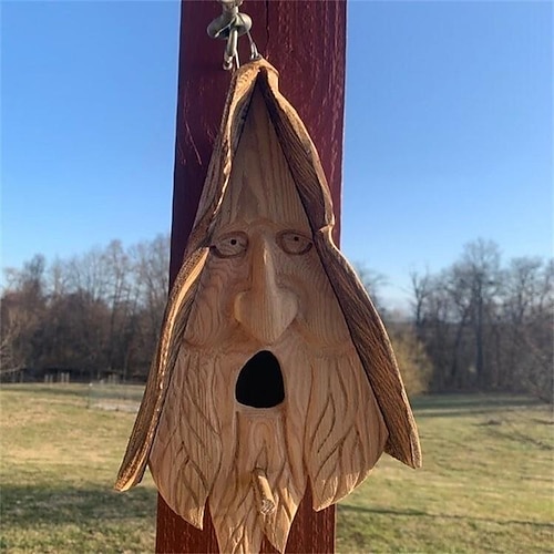 

Casa de pájaros para exterior, casa de pájaros de espíritu feliz de resina, artesanías hechas a mano, casa de pájaros tallada a mano con cara de anciano rústico, casa de campo de arte facial para interior o exterior