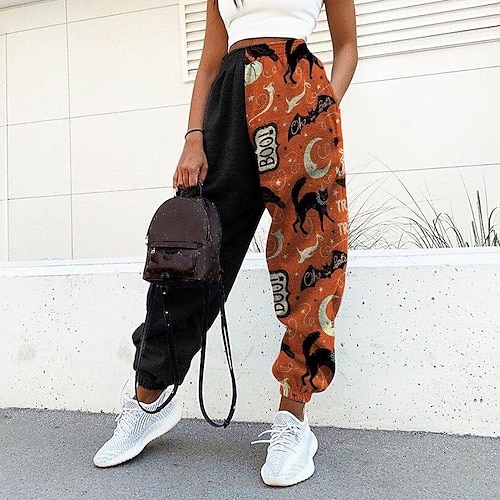 

Women's Sweatpants Joggers Print Cat Bat Comfort Full Length Halloween Weekend Casual / Sporty Athleisure Orange Mid Waist Micro-elastic