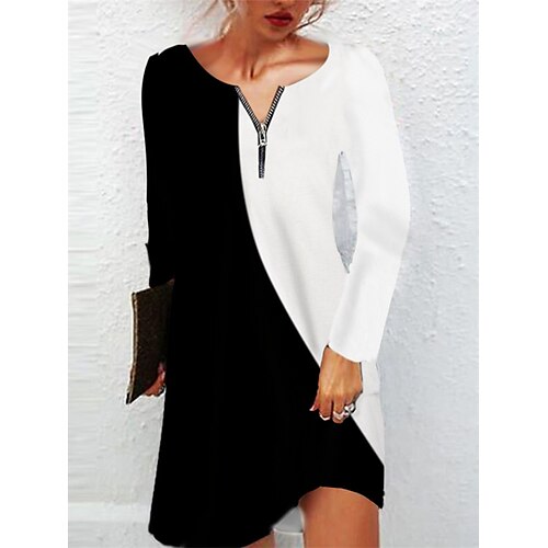 

Women's Casual Dress Shift Dress Mini Dress Black White Yellow Long Sleeve Polka Dot Patchwork Winter Fall Autumn Crew Neck Fashion Winter Dress Weekend Fall Dress Loose Fit 2023 L 2XL 3XL 4XL 5XL 6XL