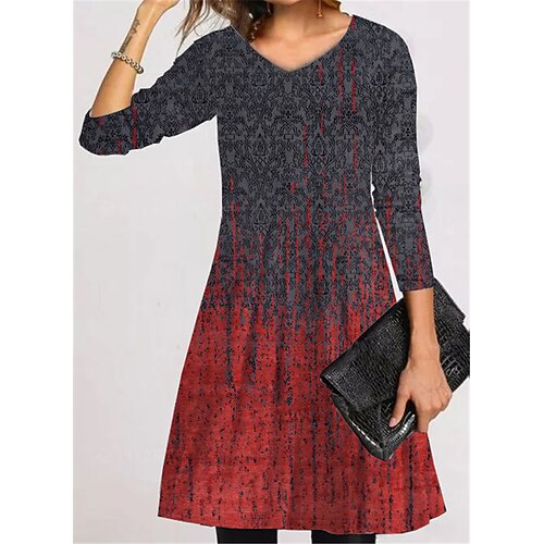 

Women's Casual Dress T Shirt Dress Tee Dress Short Mini Dress Wine Long Sleeve Floral Pocket Print Fall Winter V Neck Vacation Casual 2022 S M L XL XXL 3XL