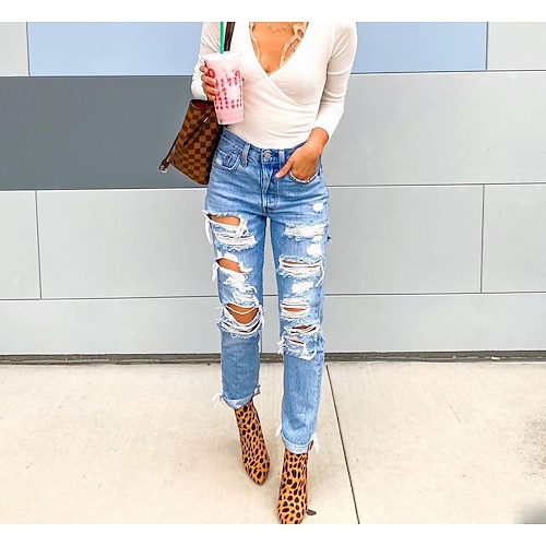 

Women's Pants Trousers Jeans Denim Blue Mid Waist Fashion Casual Weekend Baggy Ripped Micro-elastic Ankle-Length Comfort Plain S M L XL XXL