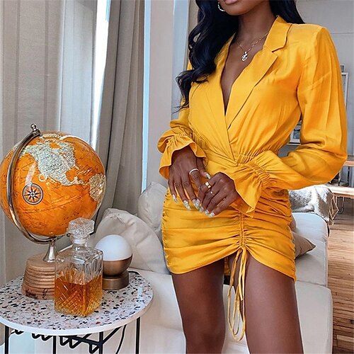 

Women's Bodycon Black Yellow Long Sleeve Pure Color Lace up Winter Fall Autumn V Neck Fashion Winter Dress Fall Dress 2022 S M L XL 2XL