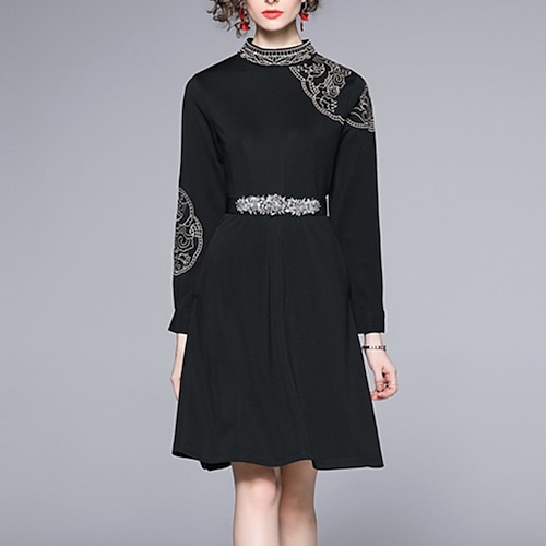 

Women's A Line Dress Black Dress Knee Length Dress Black Long Sleeve Embroidery Sequins Embroidered Fall Winter Crew Neck Fashion Modern 2022 M L XL XXL