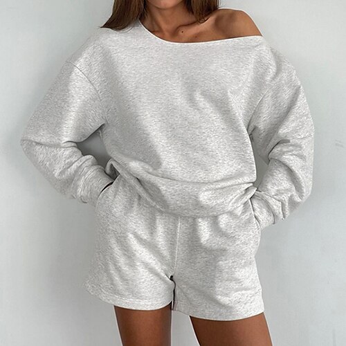 

Women's Loungewear Sets 2 Pieces Pure Color Comfort Home Street Daily Cotton Breathable Gift Crew Neck Long Sleeve Shorts Elastic Waist Winter Fall Gray