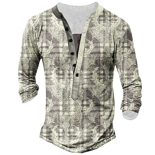 

Men's T shirt Tee Henley Shirt Tee Graphic Henley Gray 3D Print Plus Size Outdoor Daily Long Sleeve Button-Down Print Clothing Apparel Basic Designer Classic Comfortable / Sports