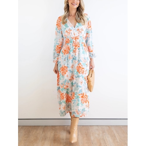 

Women's Casual Dress Shift Dress Midi Dress Light Blue Orange Long Sleeve Print Print Fall Winter V Neck Fashion Casual Modern 2022 S M L XL