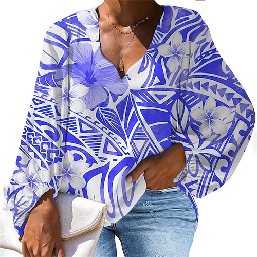 

Women's Plus Size Tops Blouse Shirt Floral Striped Print Long Sleeve V Neck Casual Daily Vacation Polyester Fall Winter Blue Purple