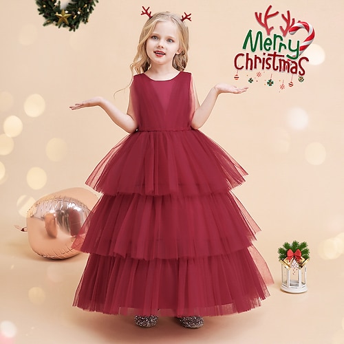 

Christmas Wedding Party Princess Flower Girl Dresses Jewel Neck Floor Length Polyester / Cotton Blend with Pure Color Elegant Open Back Tutu Cute Girls' Party Dress Fit 3-16 Years