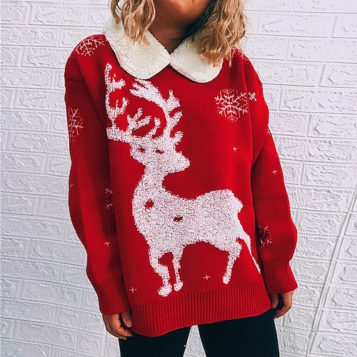 

Women's Ugly Christmas Sweater Pullover Sweater Jumper Ribbed Knit Patchwork Knitted Snowflake Crew Neck Stylish Casual Christmas Holiday Winter Fall Red White S M L / Long Sleeve / Loose Fit