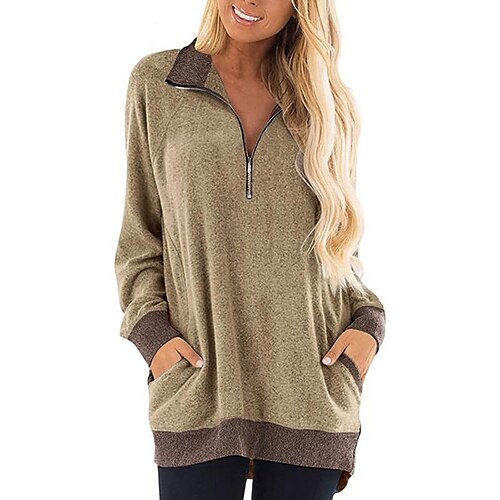 

Women's T shirt Tee Zipper Solid Colored Thick Spring Blue khaki Grey